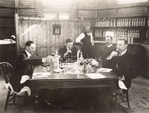 Viticultural Society of Victoria, 2013.0070. Photograph annotated as '1908 Wine Judging Royal Melbourne Show', Left to Right W.E. Lillie, W.J. Seabrook, Wine Steward, Stewart Johnson, W.E. Senior